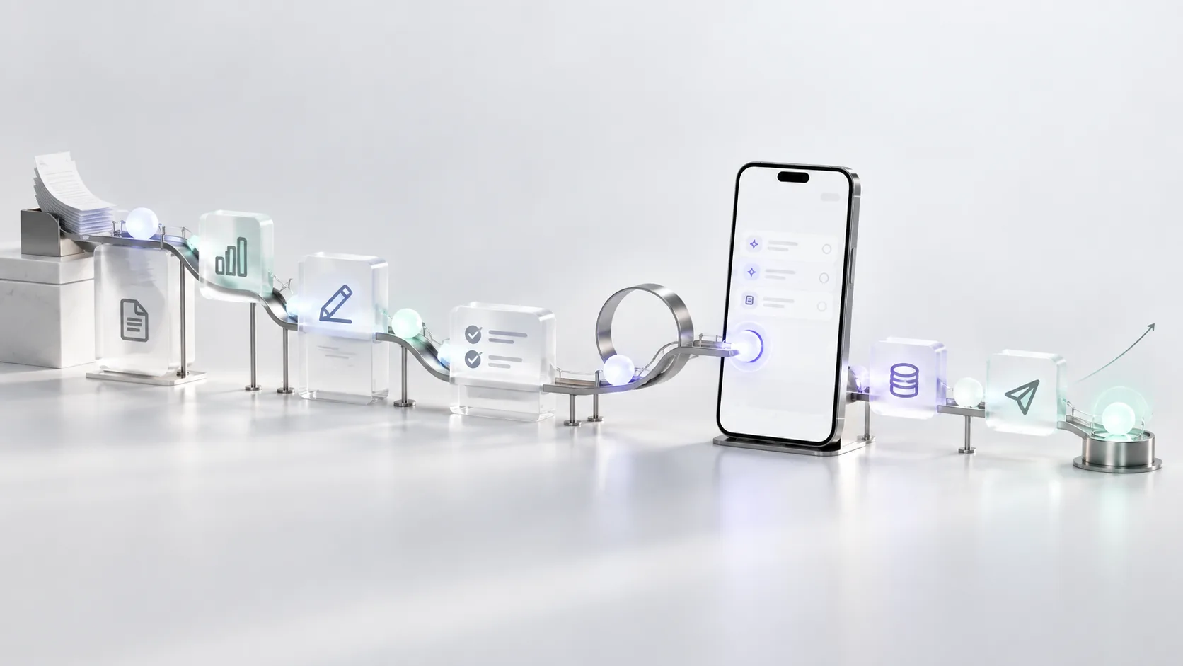 KI-Berichte laufen über eine Schiene zum Smartphone und fließen nach der Antwort zur nächsten Aufgabe weiter